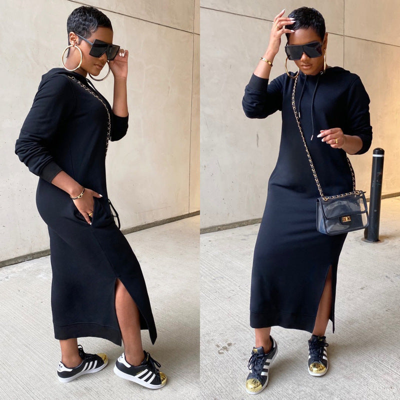 Winter Women Fashion Casual Solid Color Hooded Dress