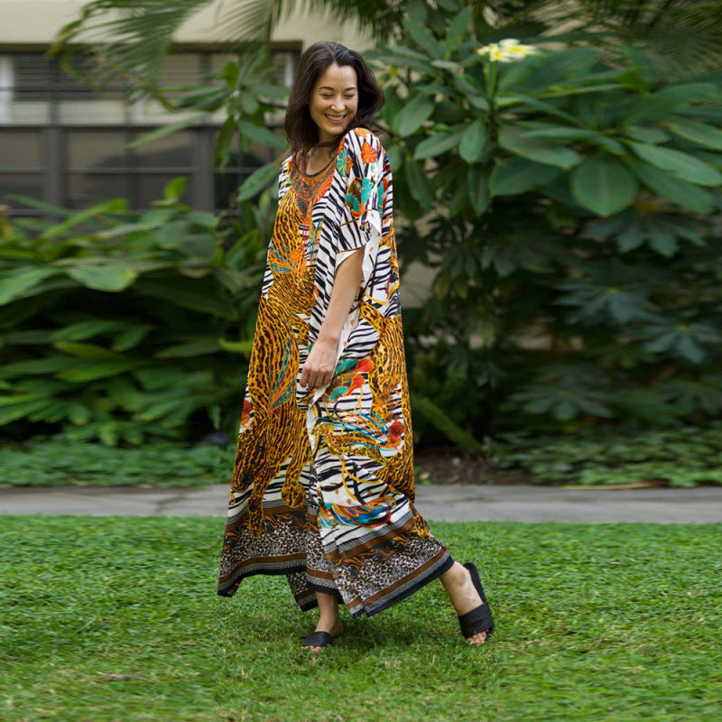 Women Fashion Casual Tiger Printing Batwing Sleeve Long Dress