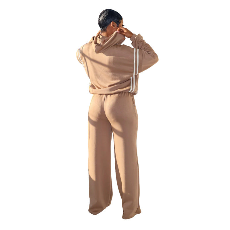 Women Casual Stripe Hooded Irregular Sweatshirt Two-Piece Set