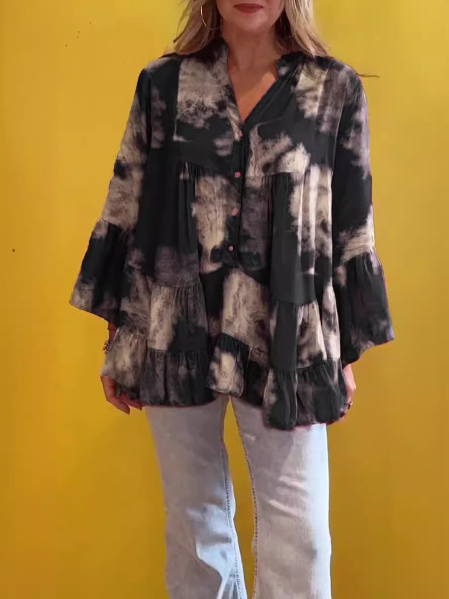Blusa informal de verano con volantes y manga larga con estampado irregular para mujer