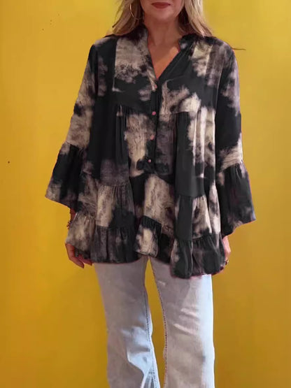 Blusa informal de verano con volantes y manga larga con estampado irregular para mujer