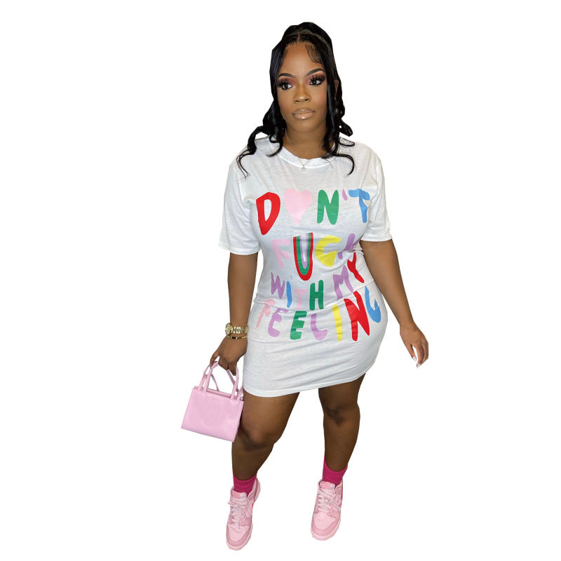 Women'S Fashion Casual Letter Printing Short Sleeve Dress