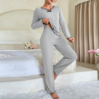 Conjunto de pijama largo de dos piezas con orejas de madera de color liso para mujer