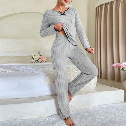 Conjunto de pijama largo de dos piezas con orejas de madera de color liso para mujer
