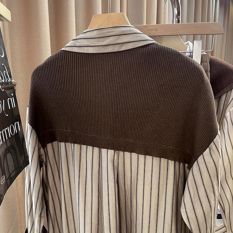 Autumn Shawl Fake Two-Piece Stripe Shirt Women Casual Long Sleeve Lapel Blouse