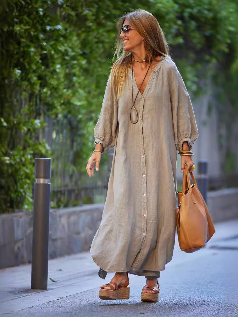 Vestido largo informal de lino y algodón con mangas largas para mujer