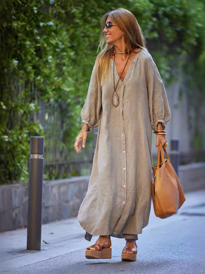 Vestido largo informal de lino y algodón con mangas largas para mujer