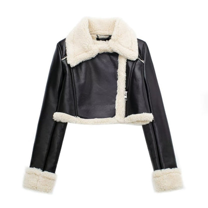 Chaqueta de felpa de PU informal de invierno para mujer
