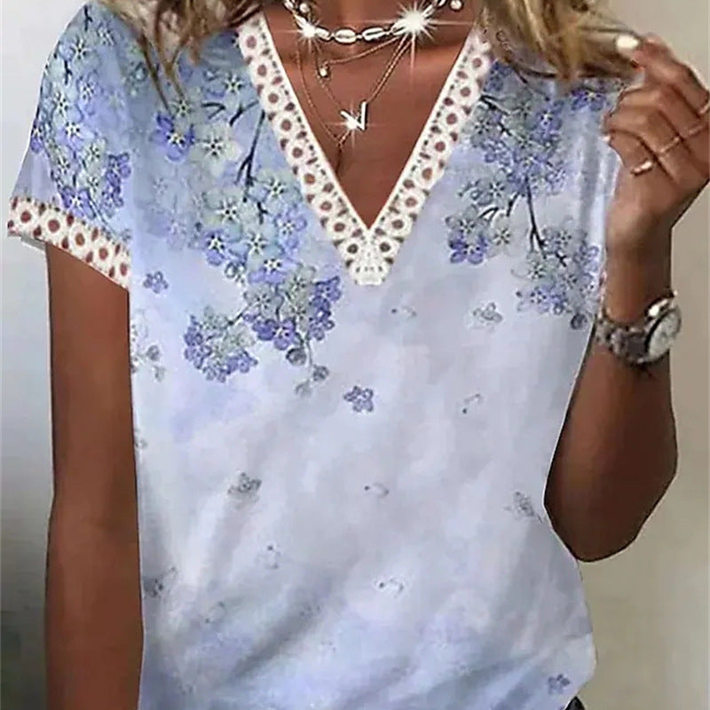 Blusa informal de verano para mujer, con escote en V, encaje, plumas, estampado floral, manga corta