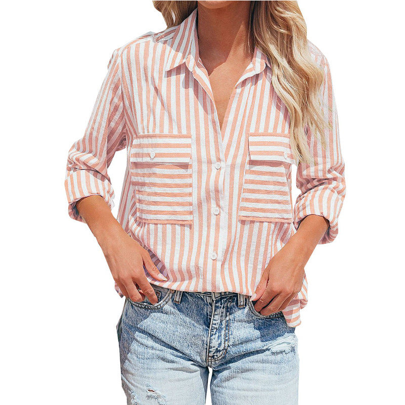 Women Casual Cotton Stripe Single-Breasted Long-Sleeved Shirt Blouse