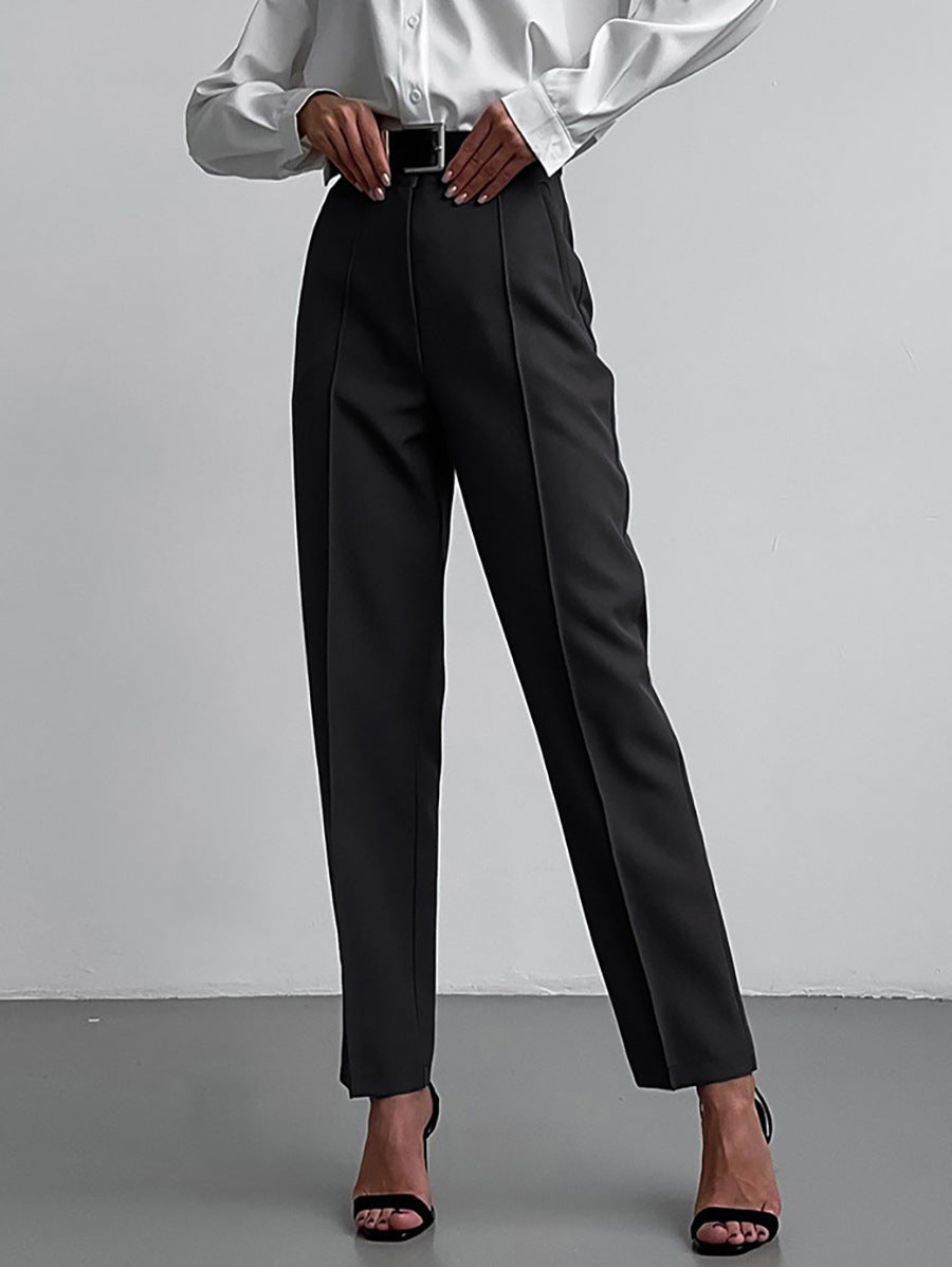 Women Fashion Casual Solid Color High Waist Straight Pants