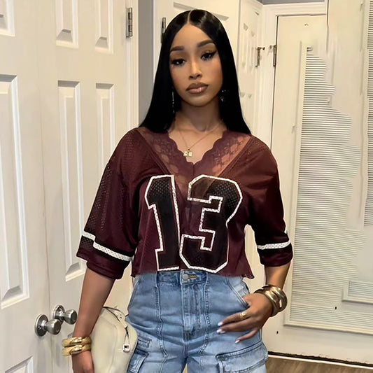 Women Fashion Casual Loose Lace Digital Print Short Sleeve V-Neck Jersey T-Shirt