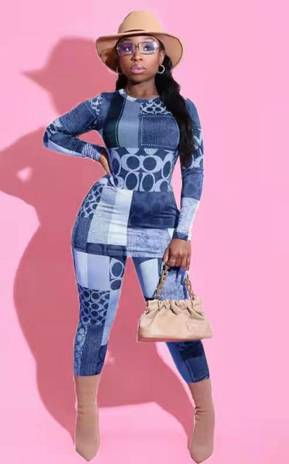 Conjunto de dos piezas con top ajustado de manga larga y estampado geométrico informal a la moda para mujer