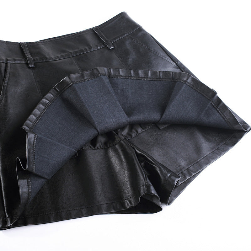 Women PU Leather Solid Color High Waist Fashion Casual Pleated Skirt