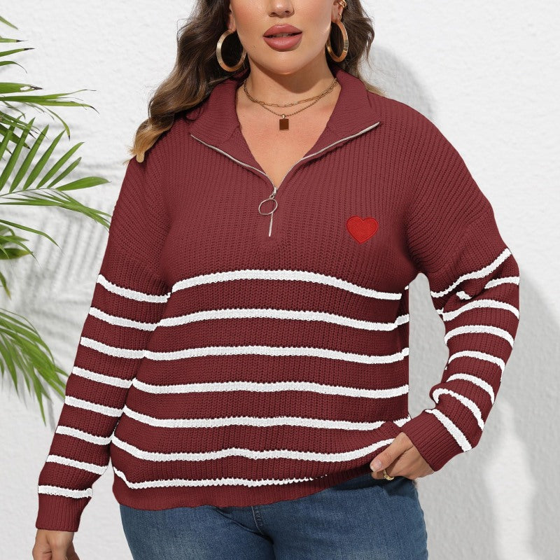 Suéter de punto informal para mujer, talla grande, invierno, otoño, a rayas, media cremallera y solapa
