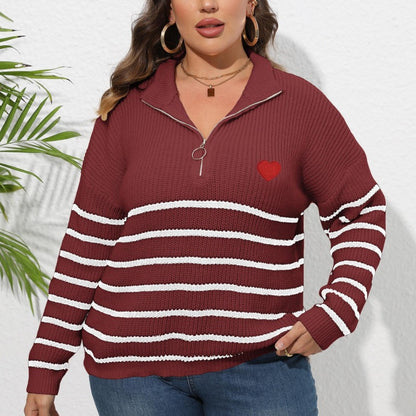Suéter de punto informal para mujer, talla grande, invierno, otoño, a rayas, media cremallera y solapa