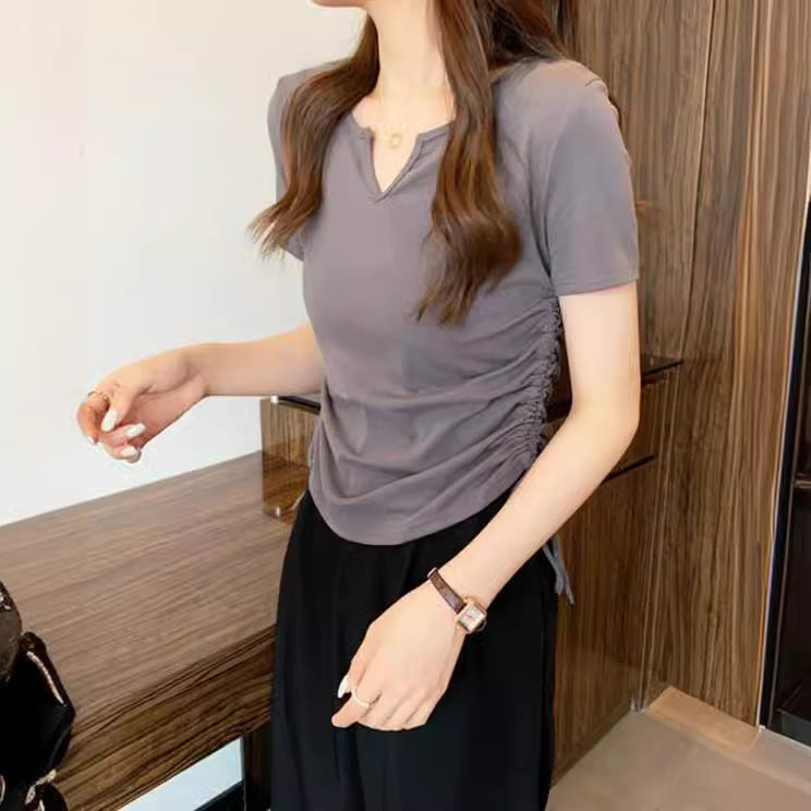 Summer Women Casual V-Neck Short-Sleeved Drawstring T-Shirt