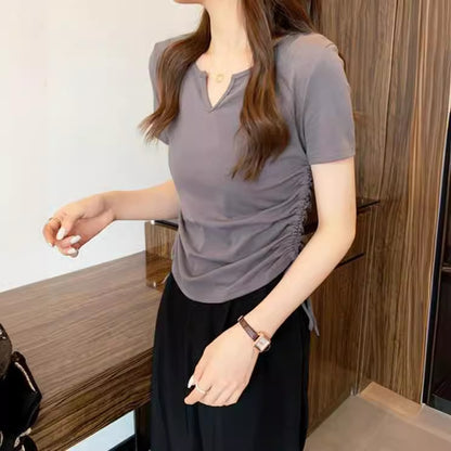 Summer Women Casual V-Neck Short-Sleeved Drawstring T-Shirt