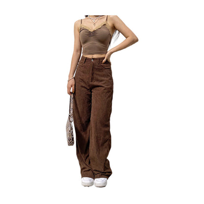 Corduroy Dagging Wide Leg Casual Women Solid Color Pants