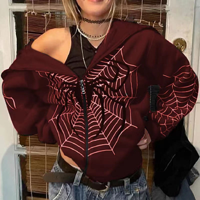 Sudadera holgada con cremallera y estampado de telaraña para hombre y mujer, estilo informal, a la moda urbana