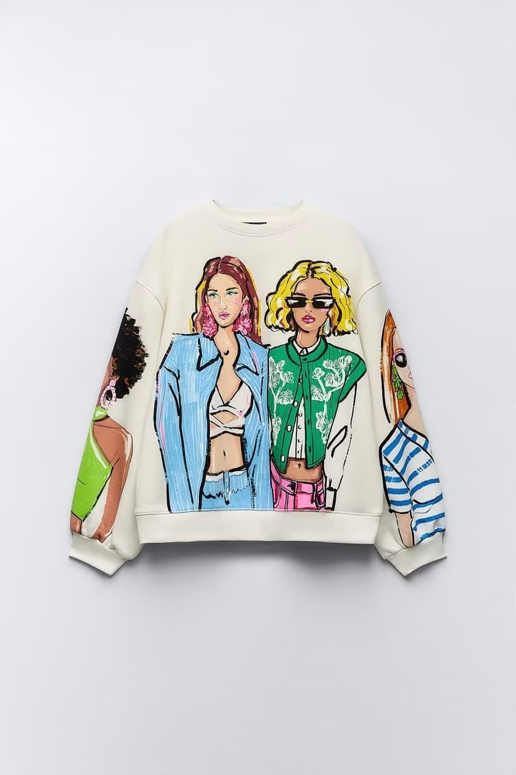 Women Casual Loose Cartoon Girl'S Printed Round Neck Long Sleeve Sweatshirt