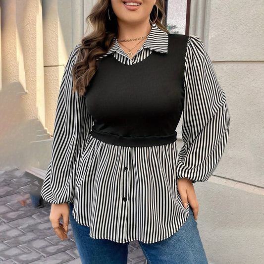Blusa informal de manga larga con botones y solapa con rayas en contraste, talla grande, para mujer