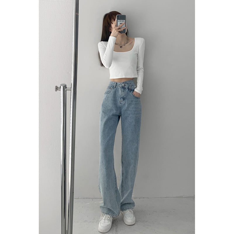 Vaqueros casuales de pierna ancha de color liso para mujer