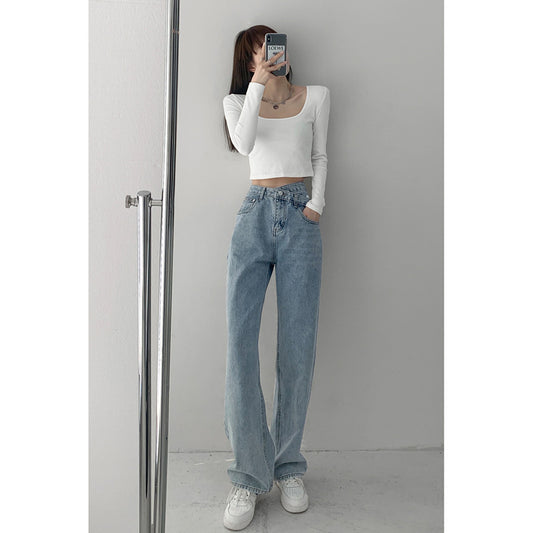 Vaqueros casuales de pierna ancha de color liso para mujer