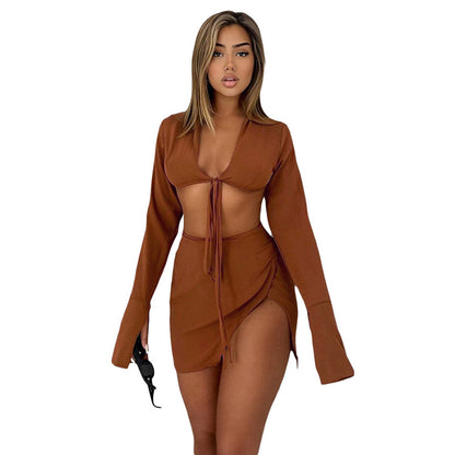 Traje informal de dos piezas para mujer, con top corto de manga larga con cordones y falda con abertura en la cadera