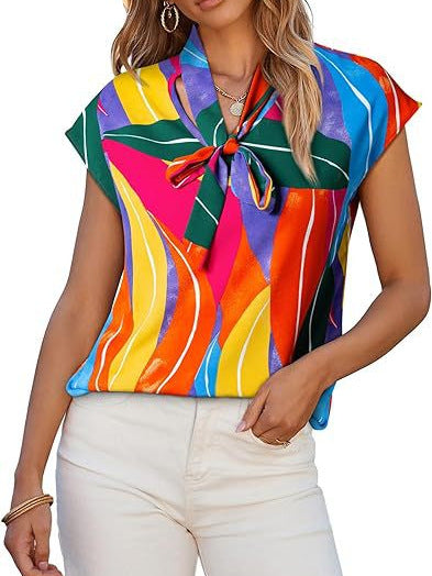 Blusa informal de verano con estampado gráfico y lazo de cinta, cuello en V y manga corta para mujer
