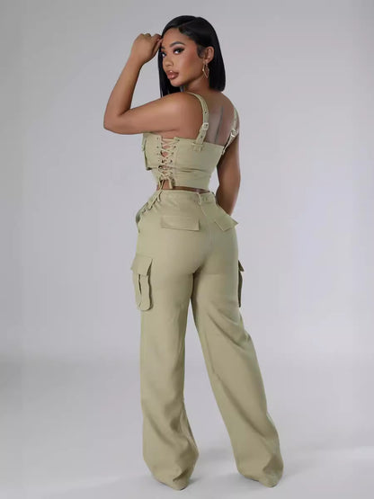 Conjunto de dos piezas de camisola informal de verano para mujer, con múltiples bolsillos y cremallera, cintura alta y pantalones cargo