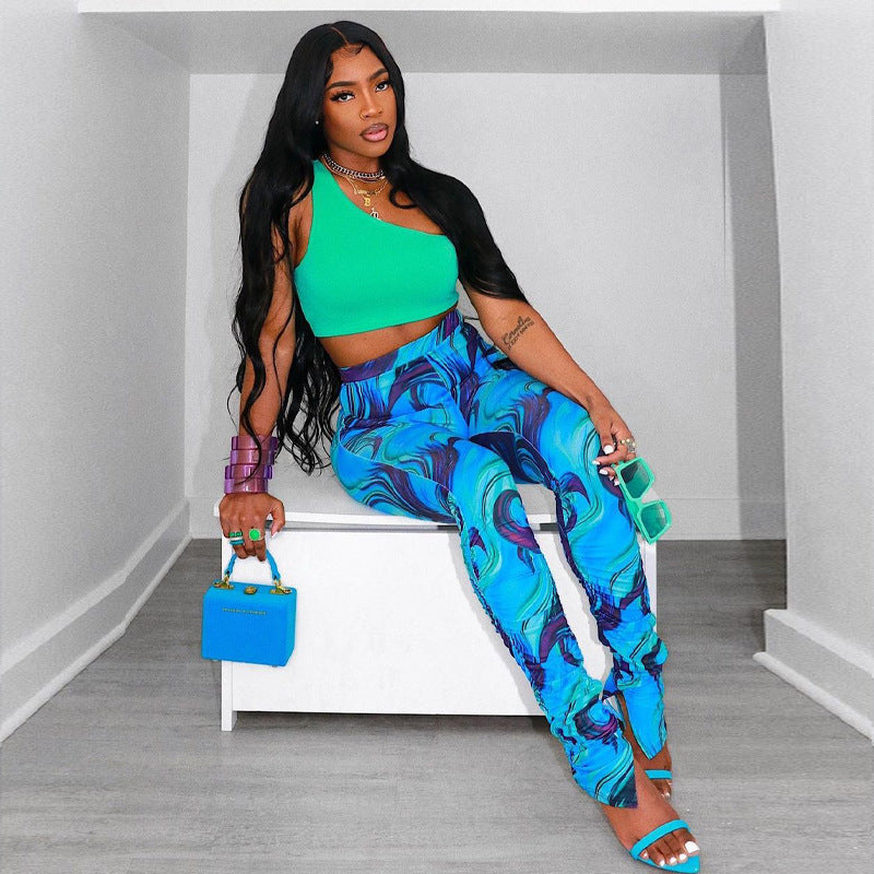 Women Summer Simple Elastic Waist Casual Printing Long Pants