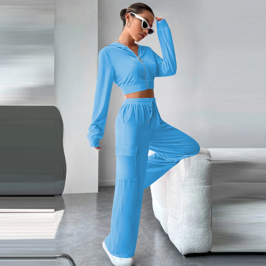 Women Casual Solid Color Long-Sleeved Zipper Top Drawstring Straight Pants Two-Piece Set