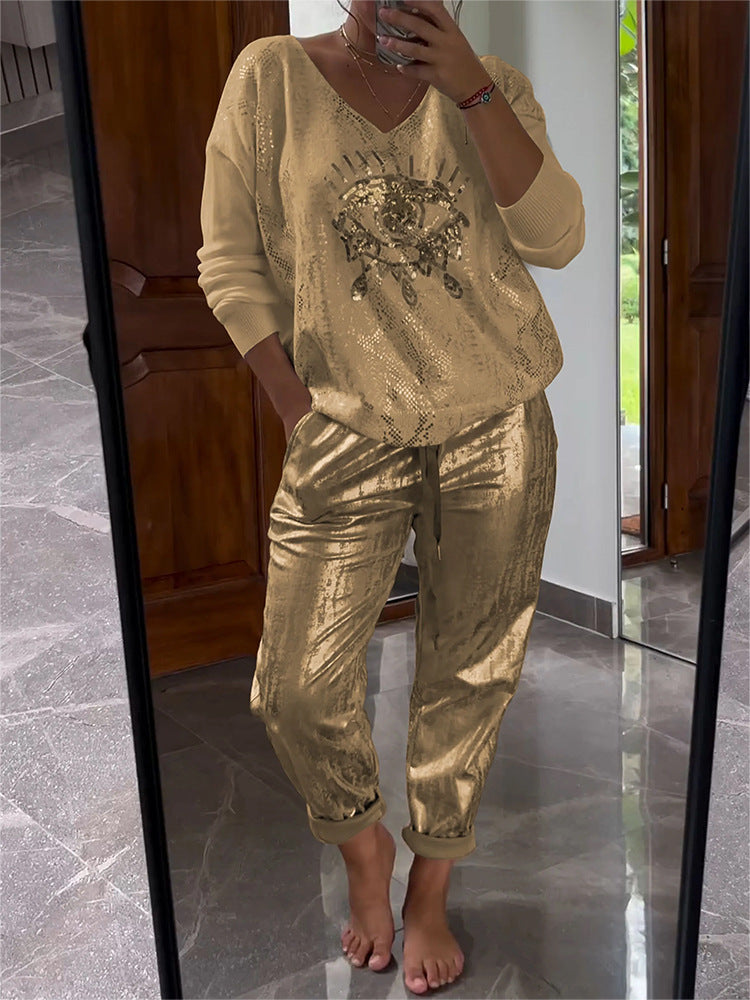 Conjunto de top y pantalón bronceador con efecto ojo malvado para mujer, informal, a la moda, brillante