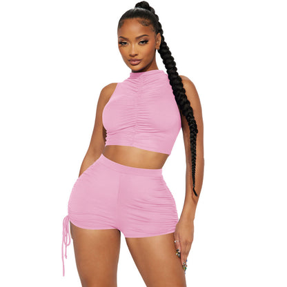 Women Athleisure Fashion Casual Solid Color Crop Top Drawstring Shorts Two-Piece Sports Set