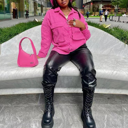 Autumn Women Fashion Solid Color Loose Casual Pocket Corduroy Jacket