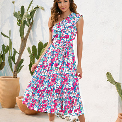Women Casual One-Shoulder Bandage Floral Printing Dress