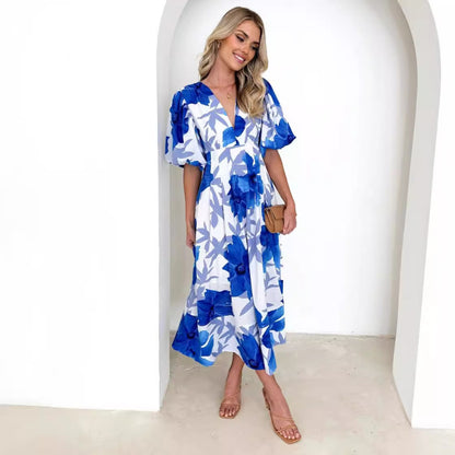 Vacation Women Casual Fashion Floral Print Puff Sleeve Maxi Dress