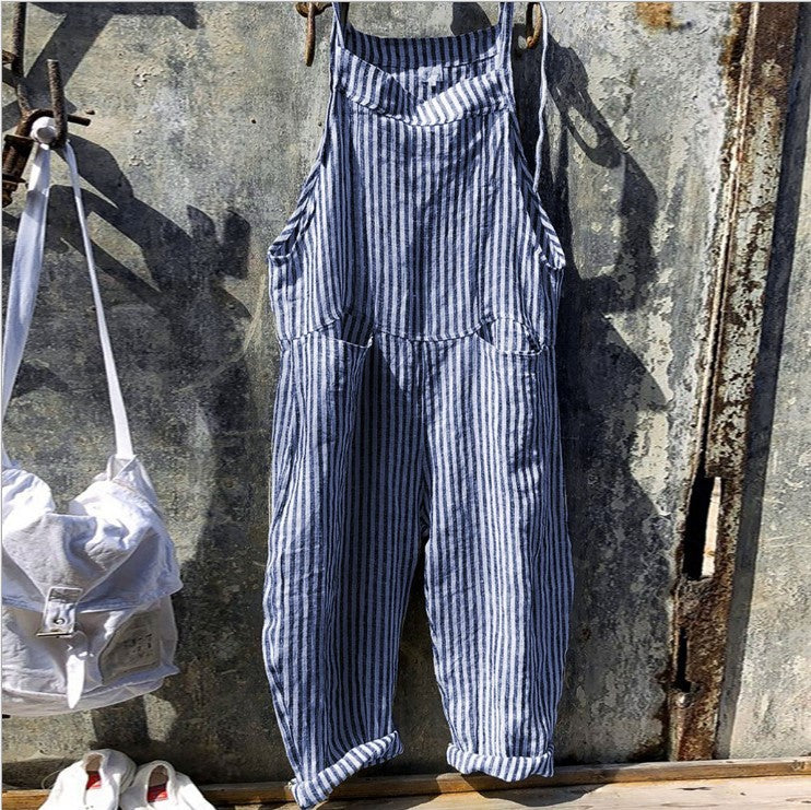 Women Stripe Printed Suspender Pocket Loose Casual Jumpsuit