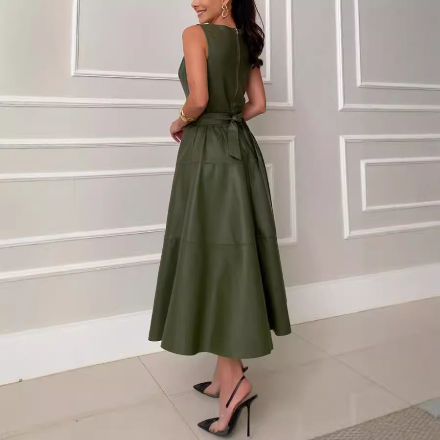 Women Fashion Casual Solid Color Sleeveless Back Zipper Lace PU Dress