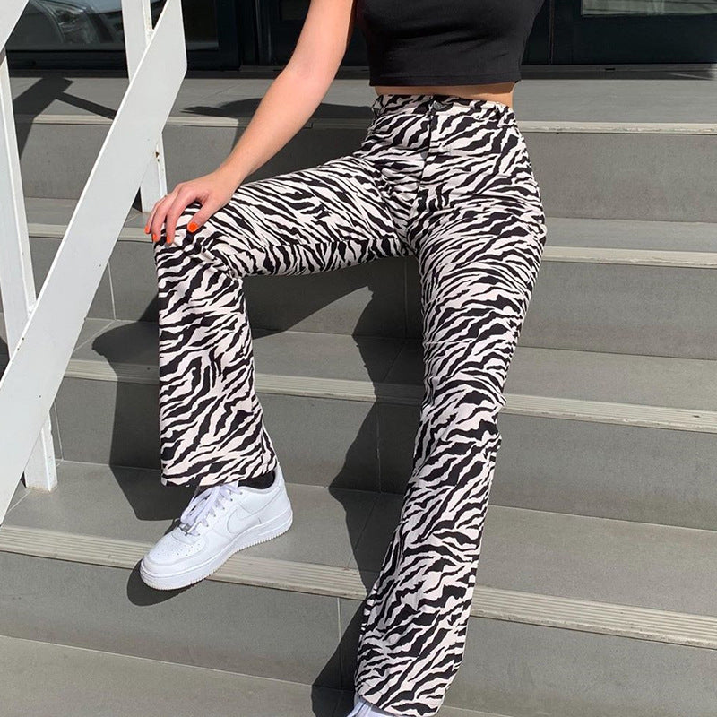 Women Fashion Simple Ripple Printing High Waist Casual Pants