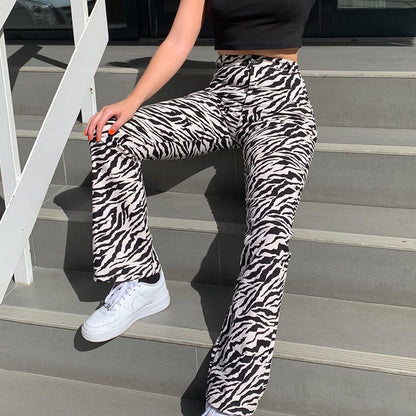 Women Fashion Simple Ripple Printing High Waist Casual Pants