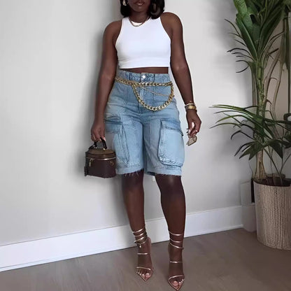 Women Fashion Casual Cargo Denim Shorts