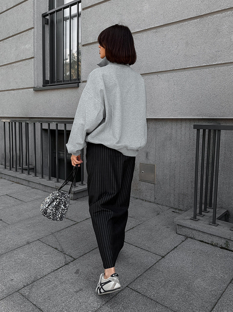 Sudadera informal con cremallera y solapa estampada con letras para mujer