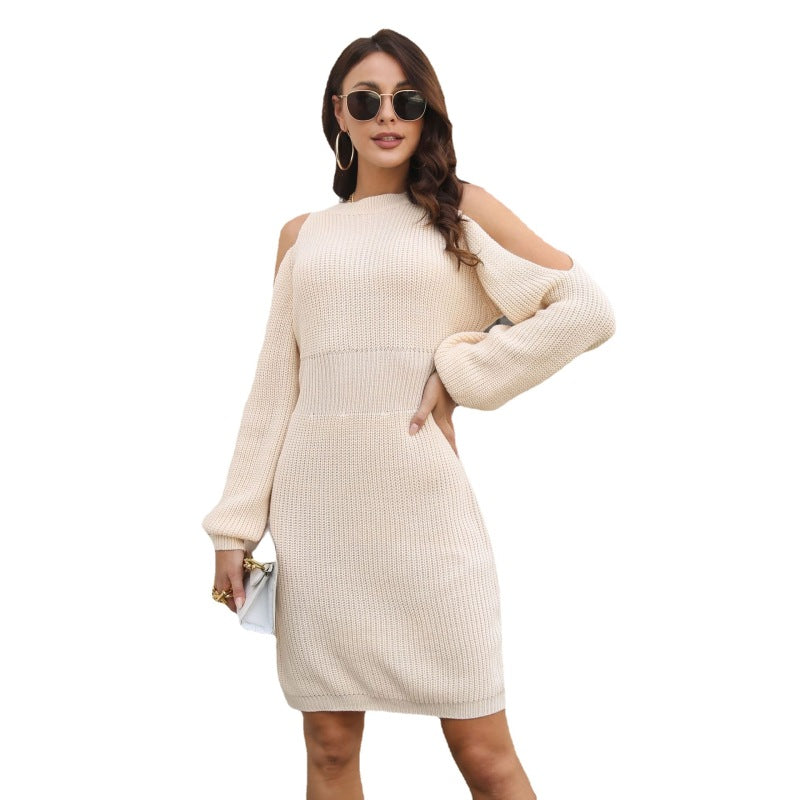 Winter Women Casual Shoulder Lantern Long Sleeve Knitted Dress