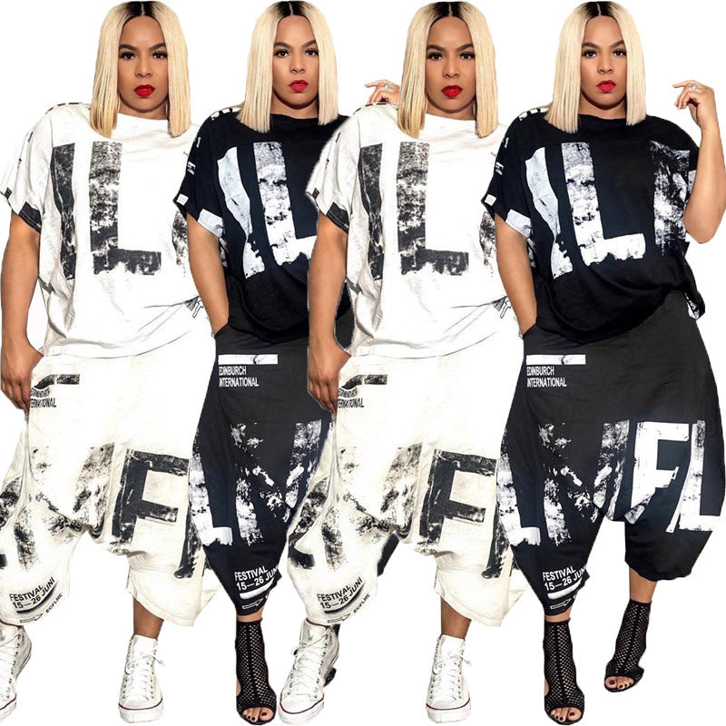 Conjunto informal de 2 piezas con estampado de letras para mujer, camiseta y pantalones bombachos