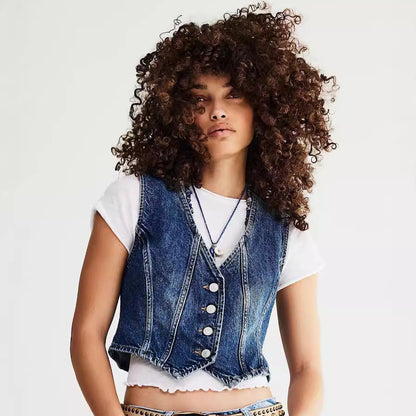 Women Fashion Casual V-Neck Adjustable Single Breasted Denim Vest Top