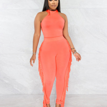 Women Tight Vest And Tassel Pants Two Pieces Casual Suit