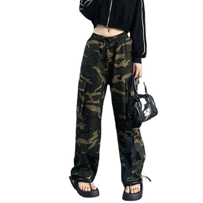 Women Casual Camouflage Printed Workwear Wide-Leg Cargo Pants