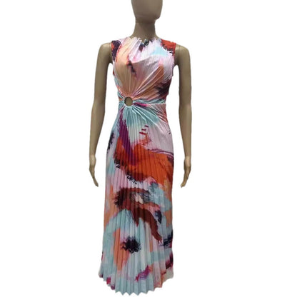 Vestido informal sin mangas con cuello redondo plisado y estampado para mujer